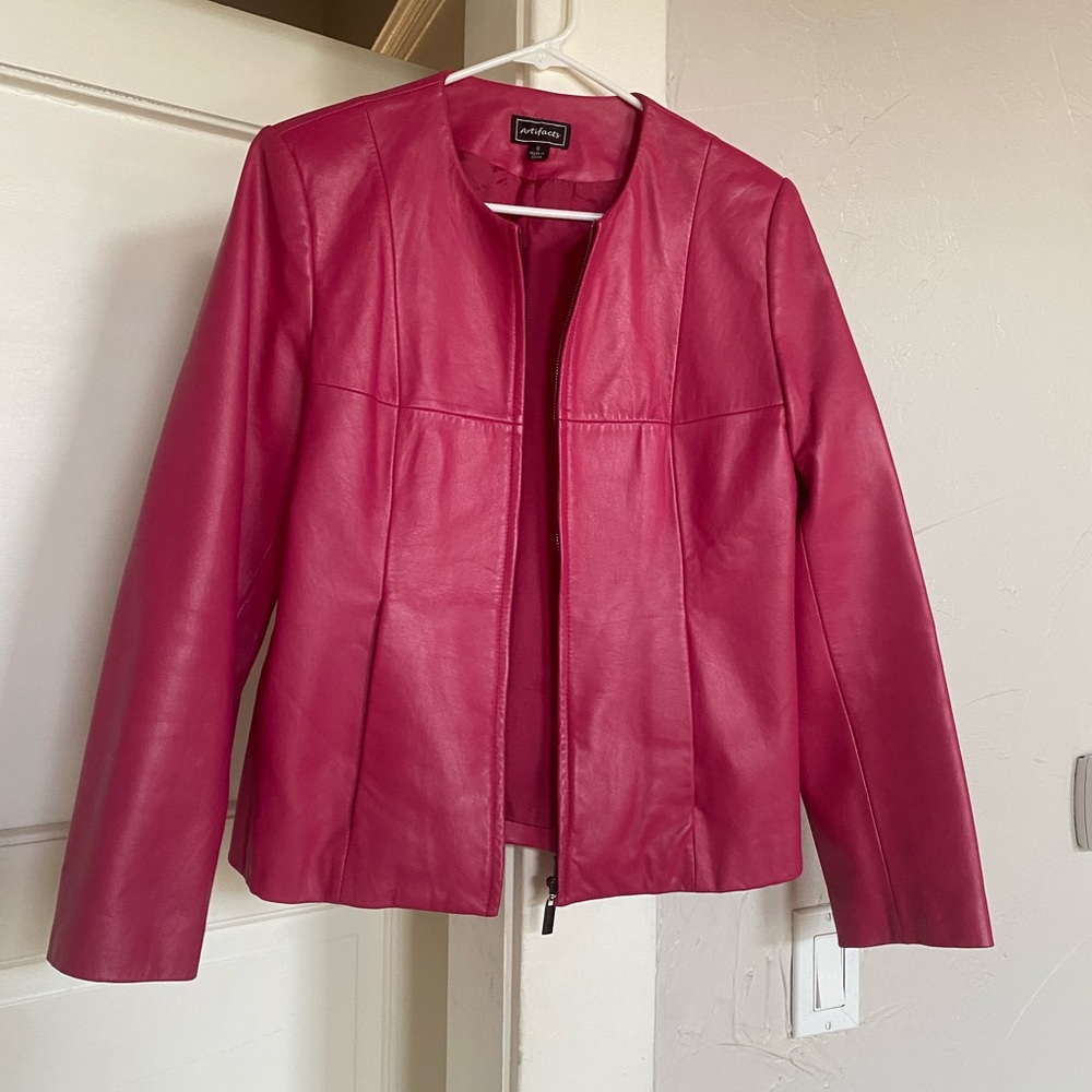 Hot pink leather moto jacket
